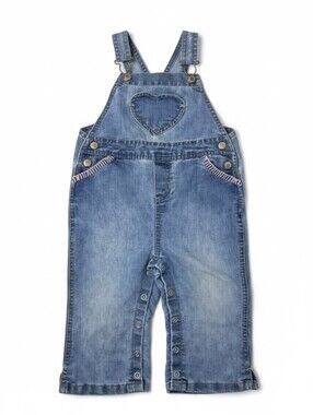Vintage 2002 Old Navy Baby Overalls 18-24M Denim Heart Pocket Pink Stitch
